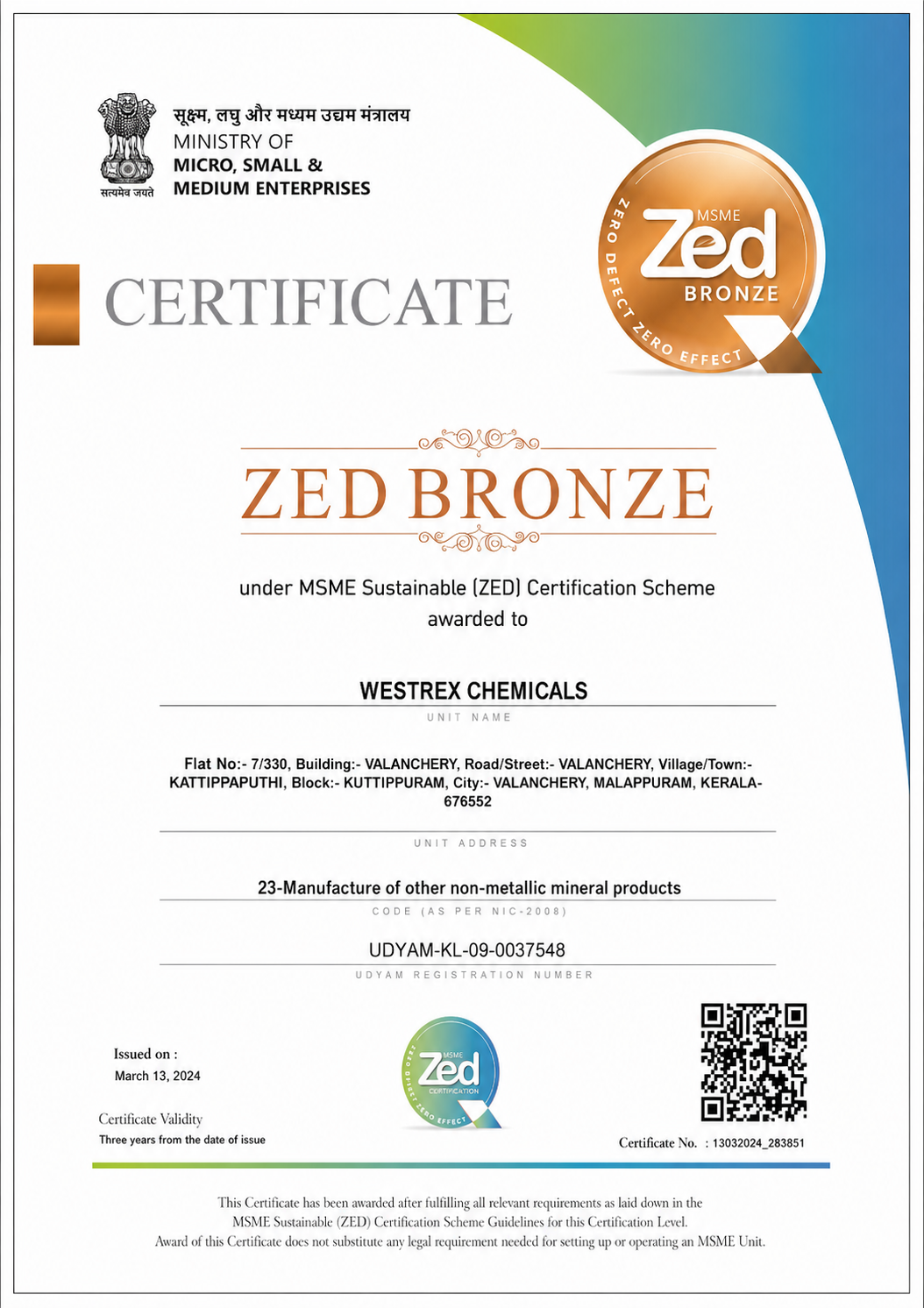 Westrex Chemicals ZED Bronze Certificate